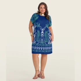 Vestido Plus Size Manga Curta Ref S01900 Estampado Azul RITA