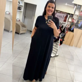 Vestido Longo Manga Curta Plus Size Ref VLM-222 Preto LUNA